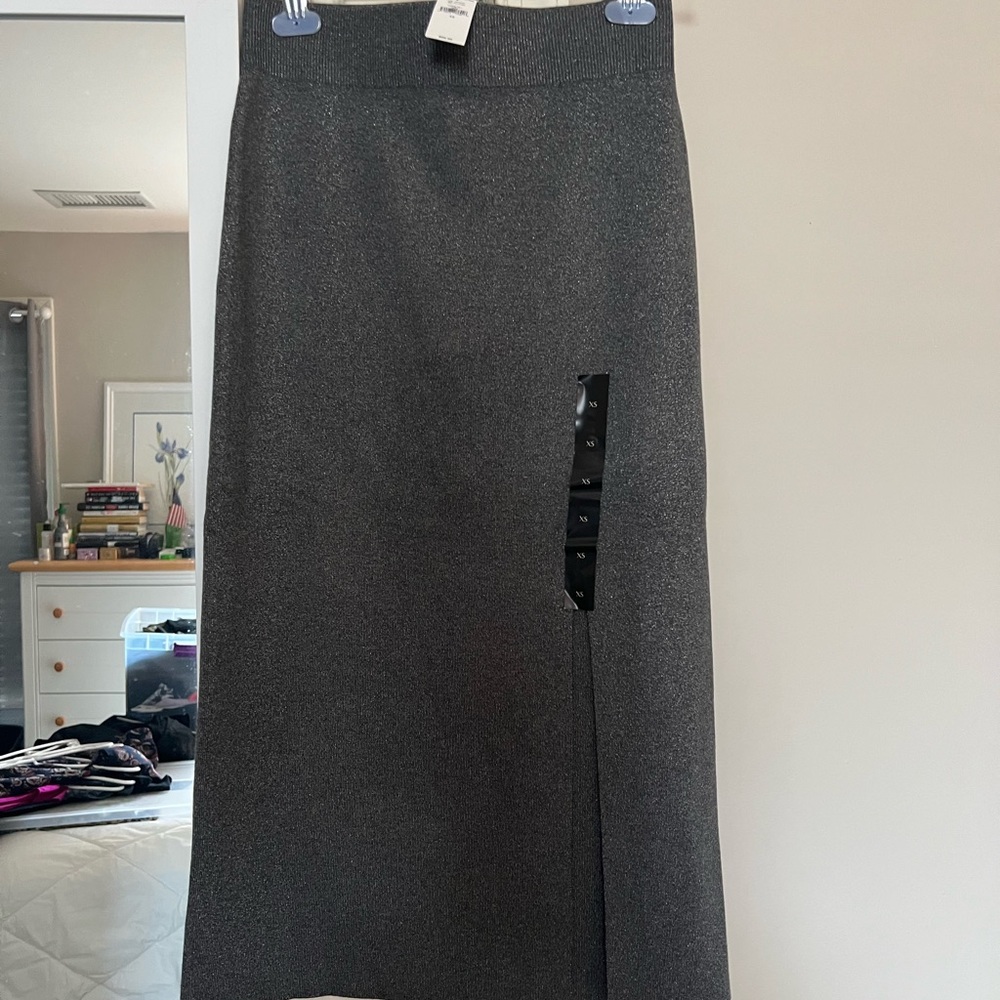 Long grey metallic skirt